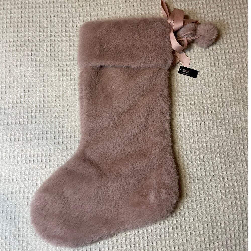 NWT Victorias Secret Blush Pink Fuzzy Pom Pom Christmas Holiday Stocking - Picture 2 of 9